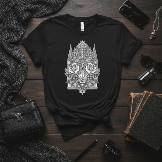 Cathedral Bat & Rose — Gothic Office Tee