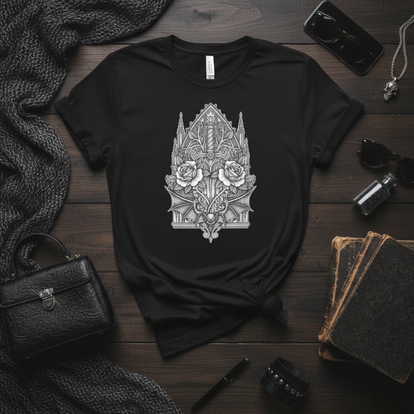 Cathedral Bat & Rose — Gothic Office Tee