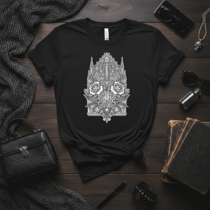 Cathedral Bat & Rose — Gothic Office Tee
