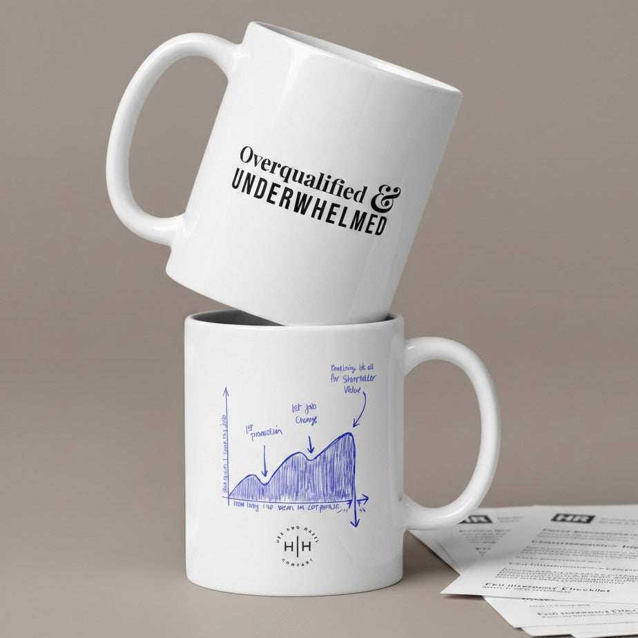 Two white mugs with humorous text on a neutral background