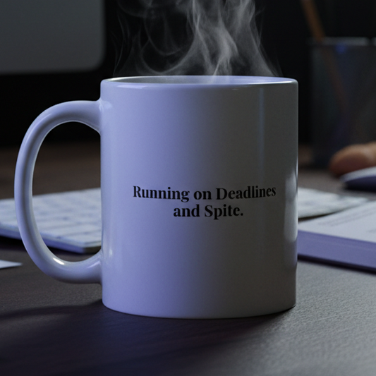 Steaming mug with text on a desk with computer and snacks