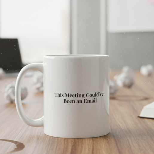 Mug with 'This Meeting Could've Been an Email' text on a wooden table in a meeting room.