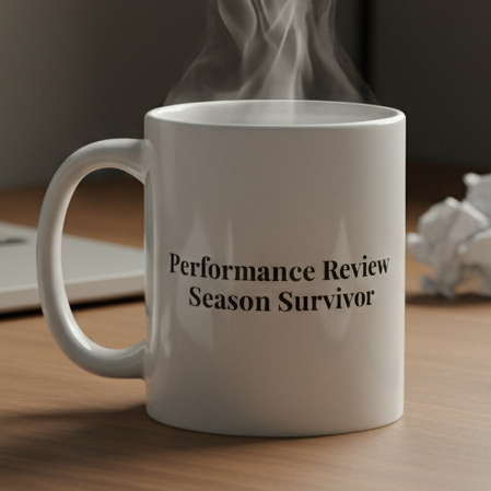 White mug with 'Performance Review Season Survivor' text on a desk with a laptop and crumpled paper.