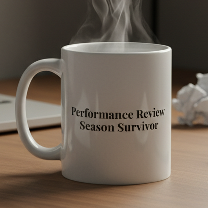 White mug with 'Performance Review Season Survivor' text on a desk with a laptop and crumpled paper.