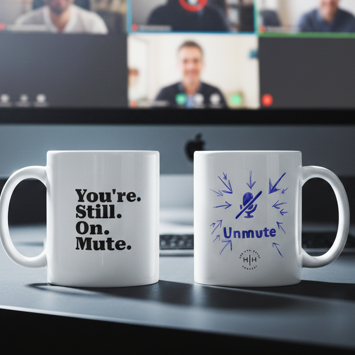 Two mugs with humorous text in front of a computer screen showing a video call.