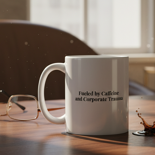 White mug with text on a wooden desk with glasses and a plant in the background