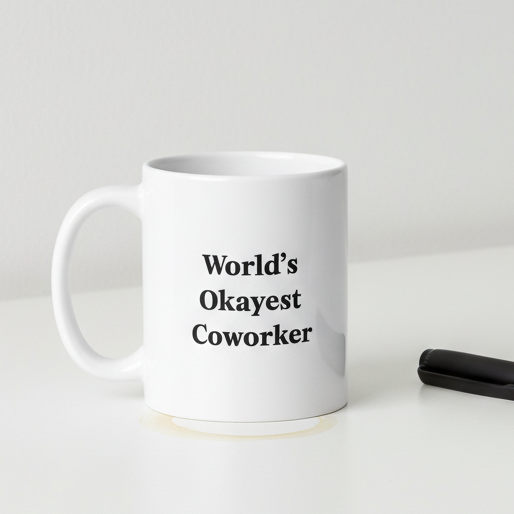 White mug with 'World's Okayest Coworker' text on a white surface with a black pen.