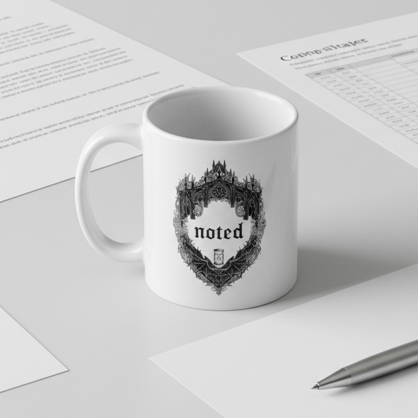 White mug with 'noted' design on a desk with papers and a pen