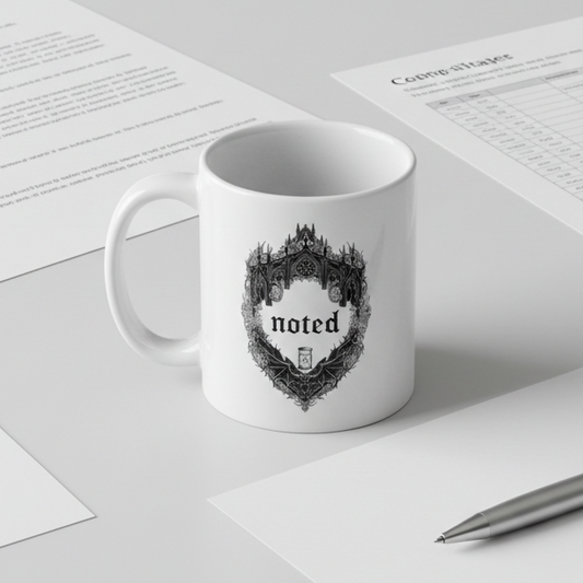 White mug with 'noted' design on a desk with papers and a pen