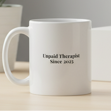 White mug with text on a desk next to a plant and tissue box