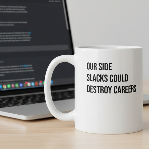 White mug with text next to a laptop on a wooden surface