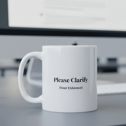 White mug with 'Please Clarify (Your Existence)' text on a desk with a computer in the background
