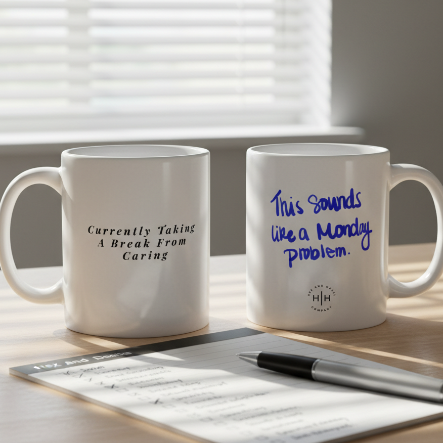 Two mugs with humorous text on a desk with a notepad and pen.
