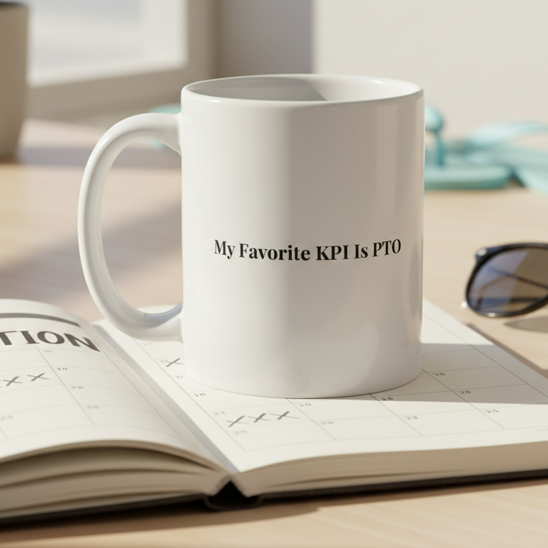 White mug with 'My Favorite KPI Is PTO' text on a book with sunglasses and plant in the background