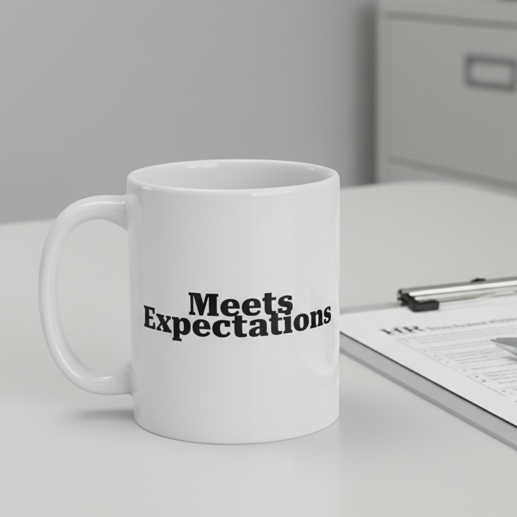 White mug with 'Meets Expectations' text on a desk with a pen and paper.
