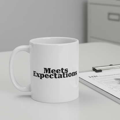 White mug with 'Meets Expectations' text on a desk with a pen and paper.
