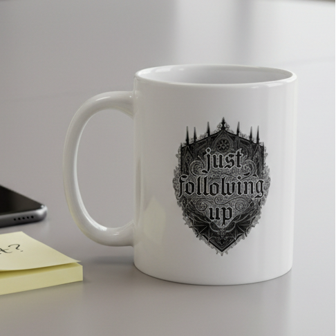 White mug with black design on a desk with phone and sticky notes