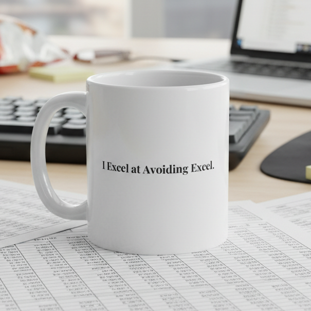 White mug with 'I Excel at Avoiding Excel' text on a desk with a laptop and papers.