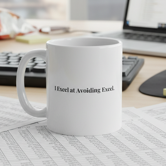 White mug with 'I Excel at Avoiding Excel' text on a desk with a laptop and papers.