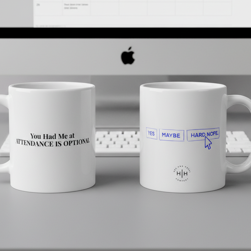 Two white mugs with humorous text designs in front of a computer screen.