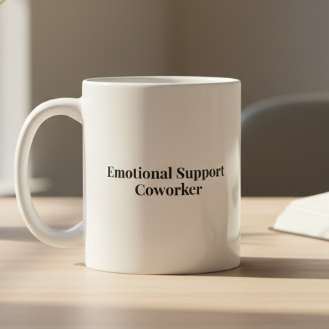 White mug with 'Emotional Support Coworker' text on a wooden desk.
