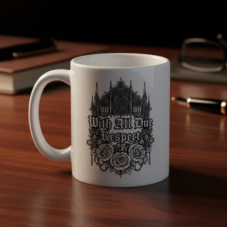 White mug with black design on a wooden surface