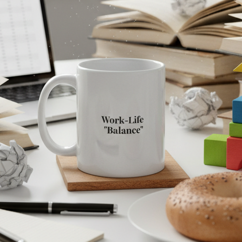 Workplace setup with laptop, books, mug, donut, and toys on a desk.