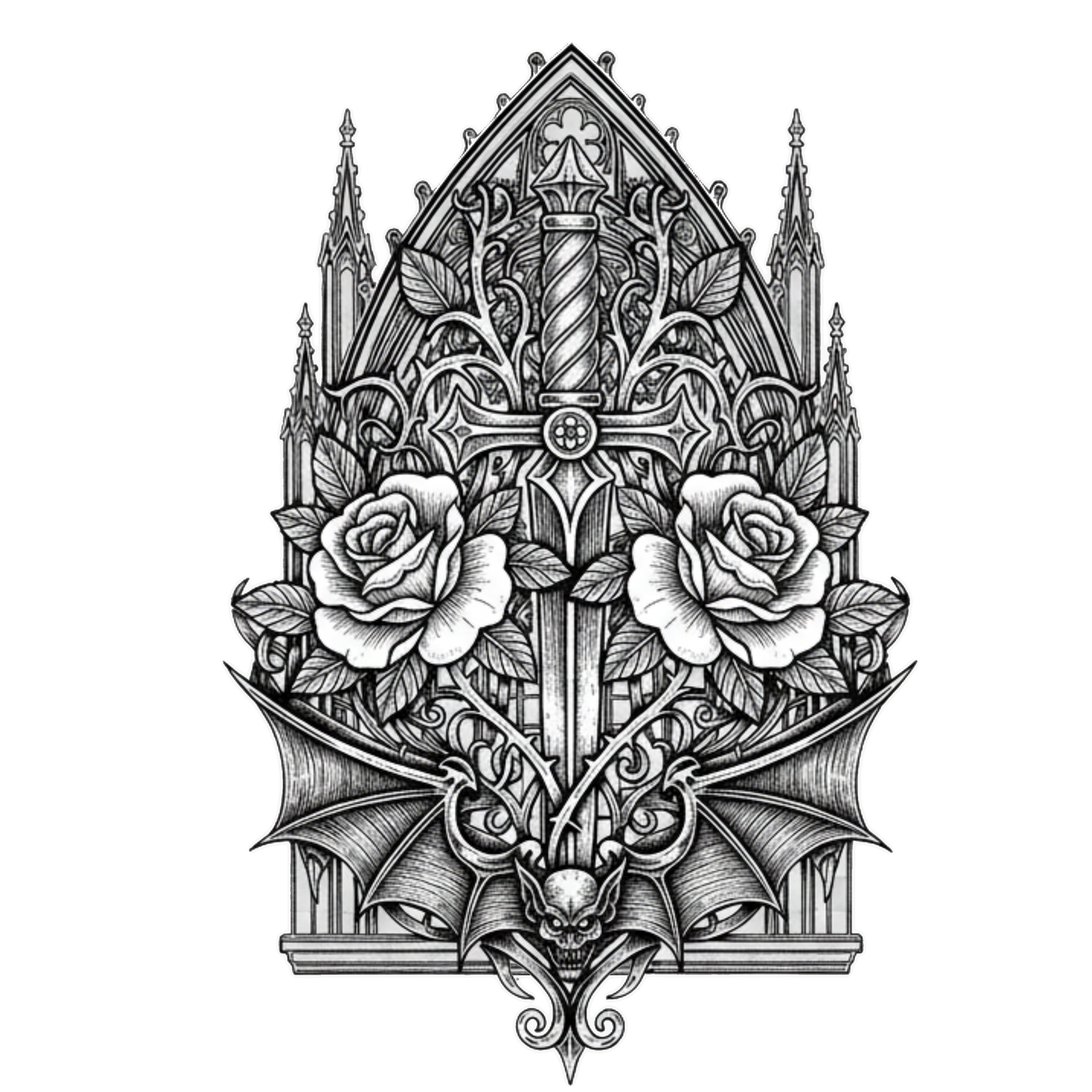 Cathedral Bat & Rose — Gothic Office Tee